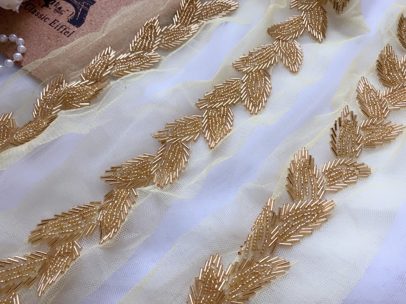 Beaded Trim Gold Beaded Leaf Applique Wedding Sash Trim for Etsy Canada