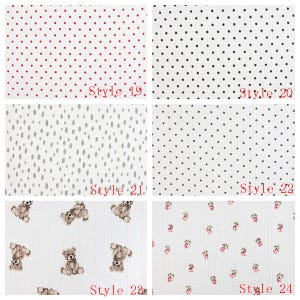 May include: A collection of six fabric swatches featuring white backgrounds with various patterns: red polka dots labeled Style 19, black polka dots labeled Style 20, gray ovals labeled Style 21, black hearts labeled Style 22, teddy bears labeled Style 23, and pink flowers labeled Style 24.