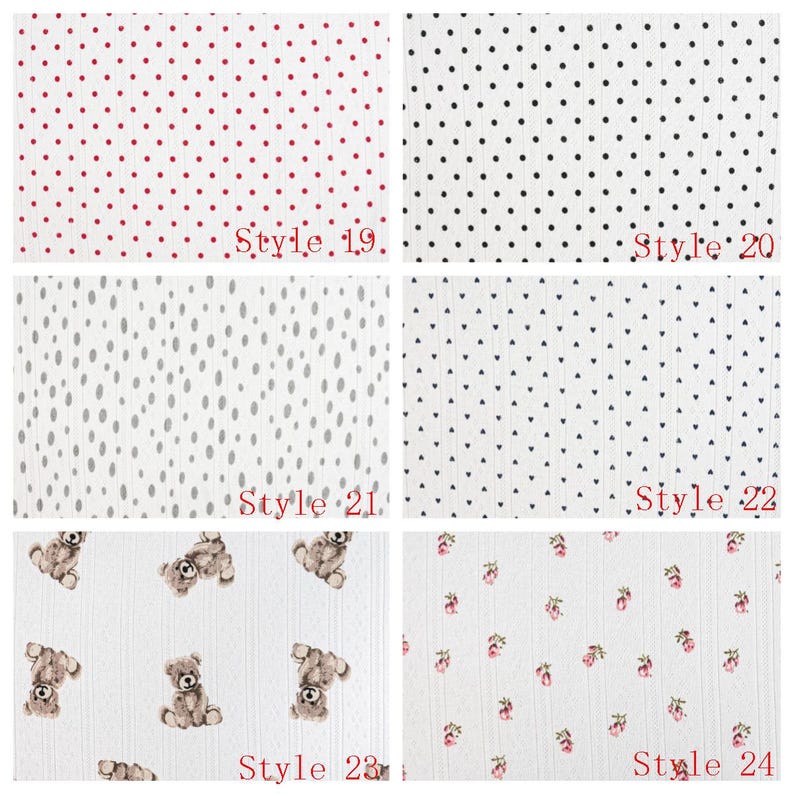 May include: A collection of six fabric swatches featuring white backgrounds with various patterns: red polka dots labeled Style 19, black polka dots labeled Style 20, gray ovals labeled Style 21, black hearts labeled Style 22, teddy bears labeled Style 23, and pink flowers labeled Style 24.