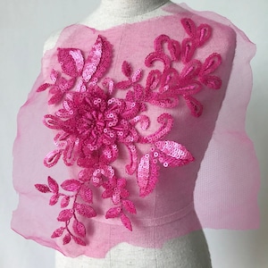 hot pink colored 3d flower lace apliqué, sequin lace patch, hot pink sequined apliqué