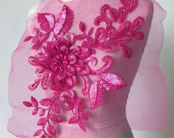 aplique de encaje de flores 3d de color rosa intenso, parche de encaje de lentejuelas, aplique de lentejuelas rosa intenso