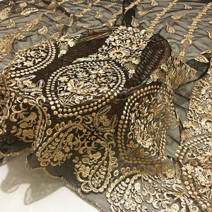 Vintage Gold Embroidered Lace Fabric Retro Floral Black Mesh Evening Dress Lace Fabric 51&quot; Wide By The yard