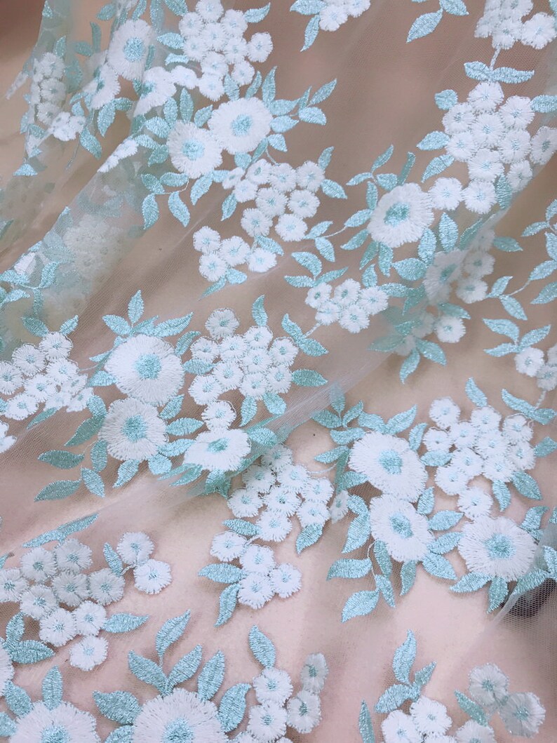 Ice Green Lace Fabric with Silver Thread Off white Cotton Flower Fabric Floral Leaves Embroidery Mesh Lace Fabric