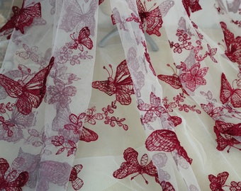 Red 3D Butterfly Embroidery Netting Fabric for Bridal Dress, Illusion gown, Ball Gown or Wedding Lace Tops