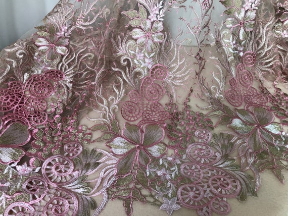 Elegance Bridal Dress Fabric, Pink Gold Lace, Guipure Embroidery Tulle  Fabric - Etsy