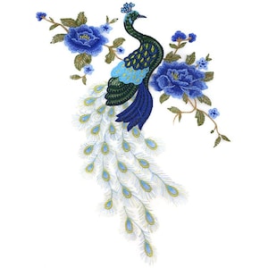 May include: Embroidered peacock design with blue, green, and white feathers, set against a white backdrop, and framed by blue floral accents. Ideal for fabric embellishment or craft projects.