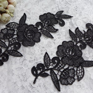 Black lace applique, one pair black venice flower appliqué