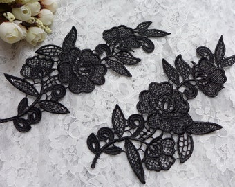 Black lace applique, one pair black venice flower appliqué