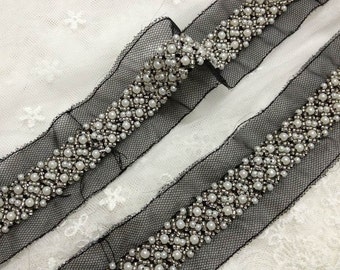 Beaded Lace Trim in Black for Birdal, Gown Belt, Wedding Clutch,Costumes