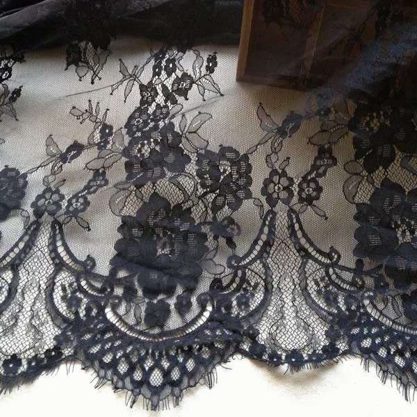 Chantilly Eyelash Lace Fabric in Black for Wedding Gowns, Bridal Veils, Mantilla, Costumes