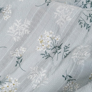 Light Blue Cotton Fabric, White Jasmine & Green Leaves Printed cotton Fabric for Skirts, Doll Dress, Table Cover, Home décor