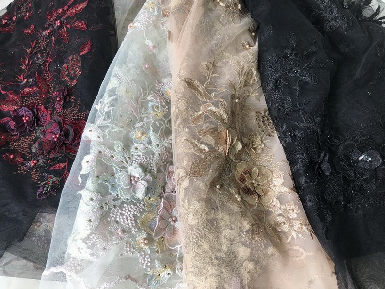 Burgundy Lace Fabric Beaded Applique Black Tulle Fabric 3D Flowers Lace Fabric By The Yard