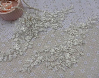 Bridal Silver Embroidered Lace Applique Pair in Ivory for Wedding Gown, Bridal Veils, Headpiece