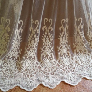 Lace Fabric - Beige Cotton Embroidered Fabric Lace Vintage Wedding Bridal Mesh Fabric By The Yard