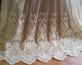 Lace Fabric - Beige Cotton Embroidered Fabric Lace Vintage Wedding Bridal Mesh Fabric By The Yard