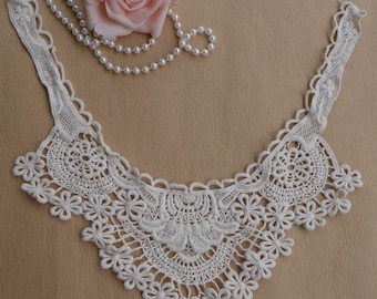 Cuello de encaje de algodón beige, cuello de encaje floral crudo, apliques de encaje victoriano para prendas de vestir (1 pieza)