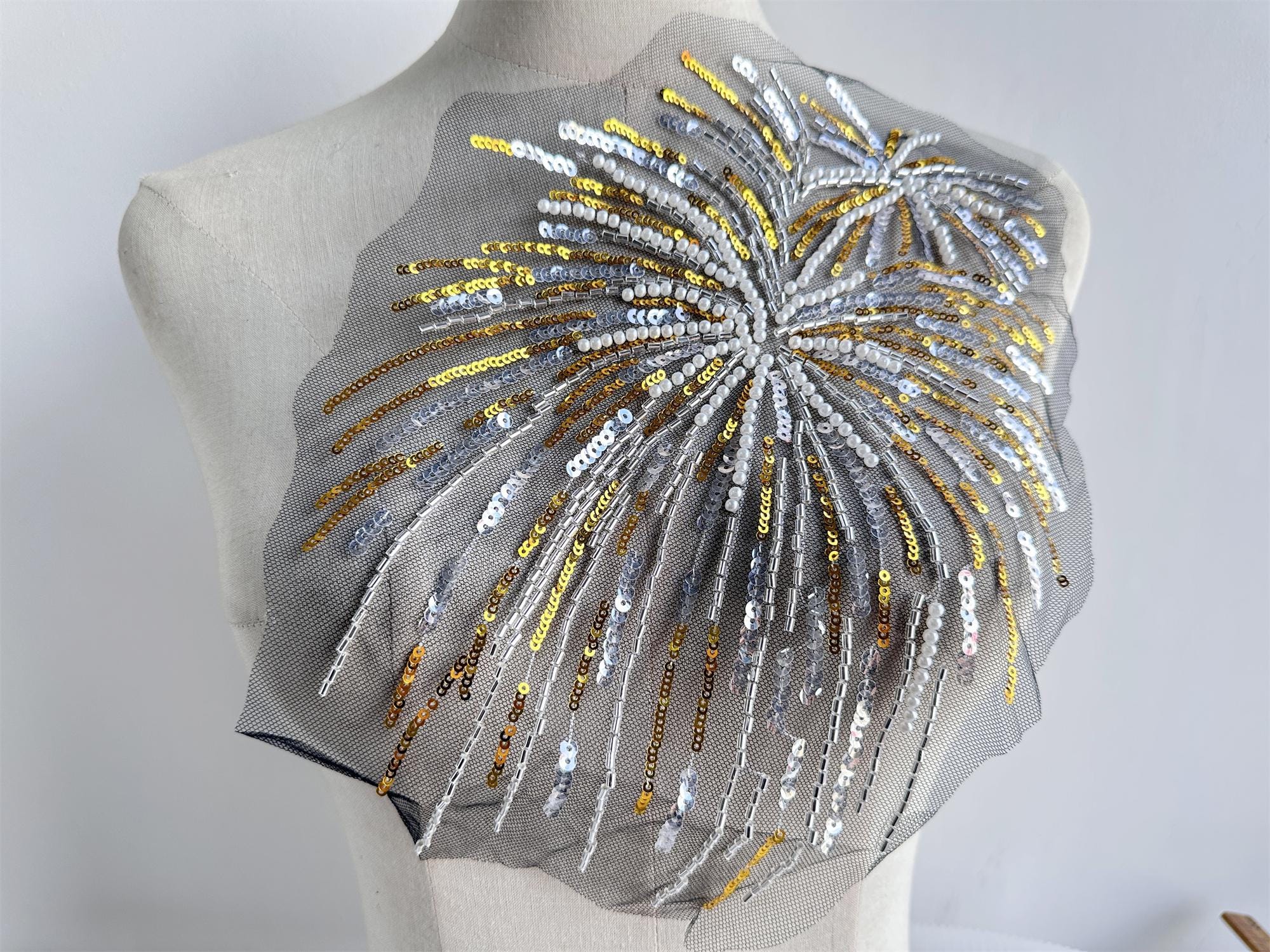 Beaded Applique, Gold With Clear Sequin Firework Patch Applique ...