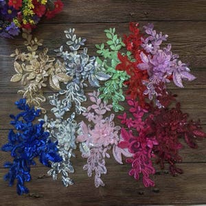 Bridal Beaded Applique Sequined Lace Applique Pair for Couture Wedding, Hair Accessories, Dresses