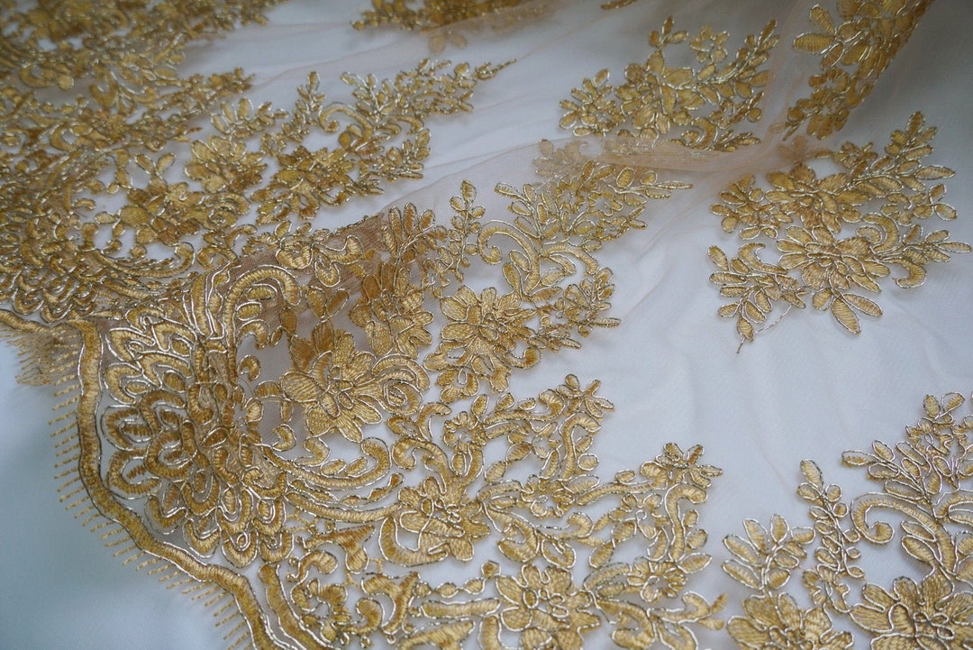 Vintage Gold Alencon Embroidered Lace Fabric Retro Floral White Mesh