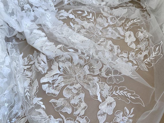 Ivory Large Floral Embroidery Lace Fabric, Clear Sequin Lace Material for Bridal Gown Dress Train Wedding Veils Flower Girl Dress