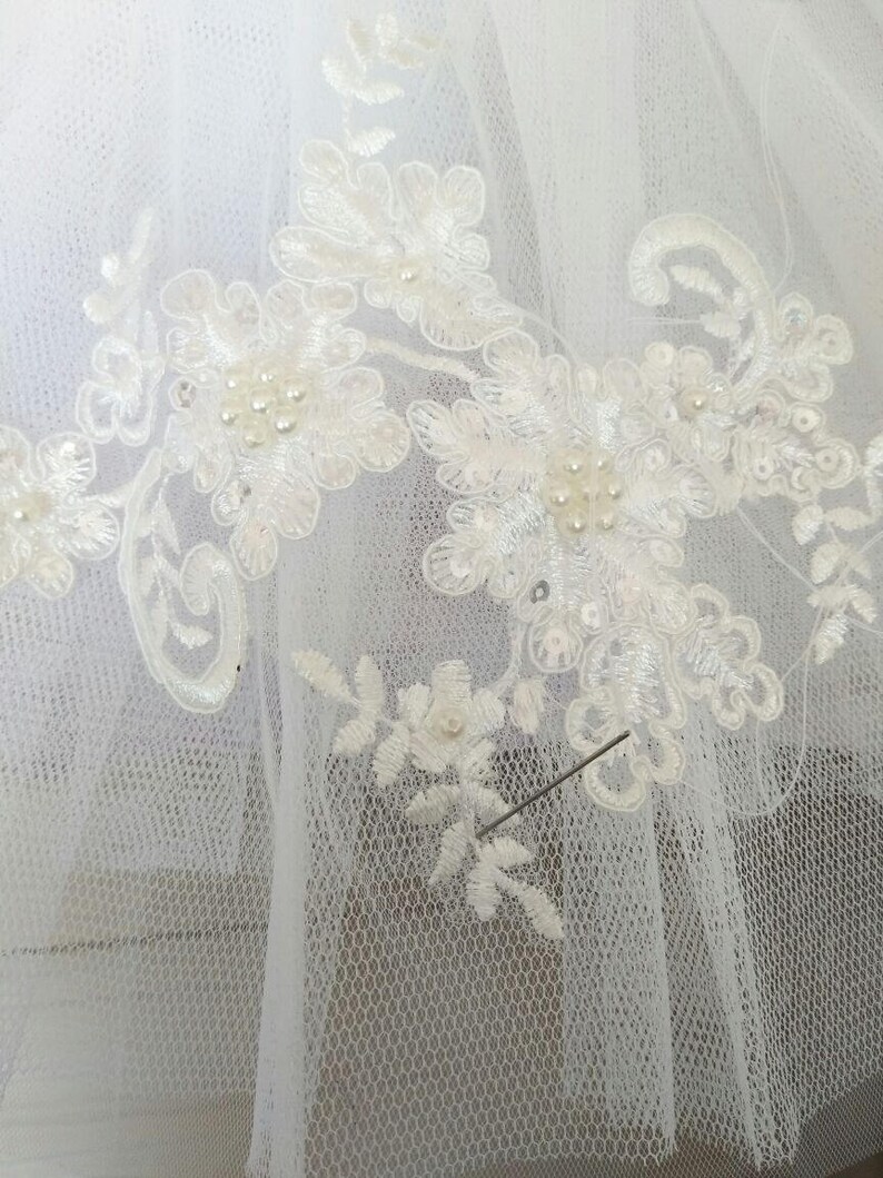 Off white bridal headpiece, alencon pearl beaded applique, wedding lace appplique with sequins image 5