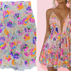 Gorgeous 3D Floral Shiny Sequin Fabric,  Colorful Flowers Dress Fabric, Embroidery Soft Mesh Fabric, Prom Dress, Beach Party Clothing