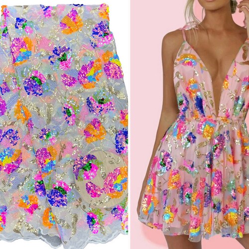 shinning party dress fabrics Gorgeous 3D Floral Shiny Sequin Fabric, Colorful Flowers Dress Fabric,  Embroidery Soft Mesh Fabric, Prom Dress, Beach Party Clothing