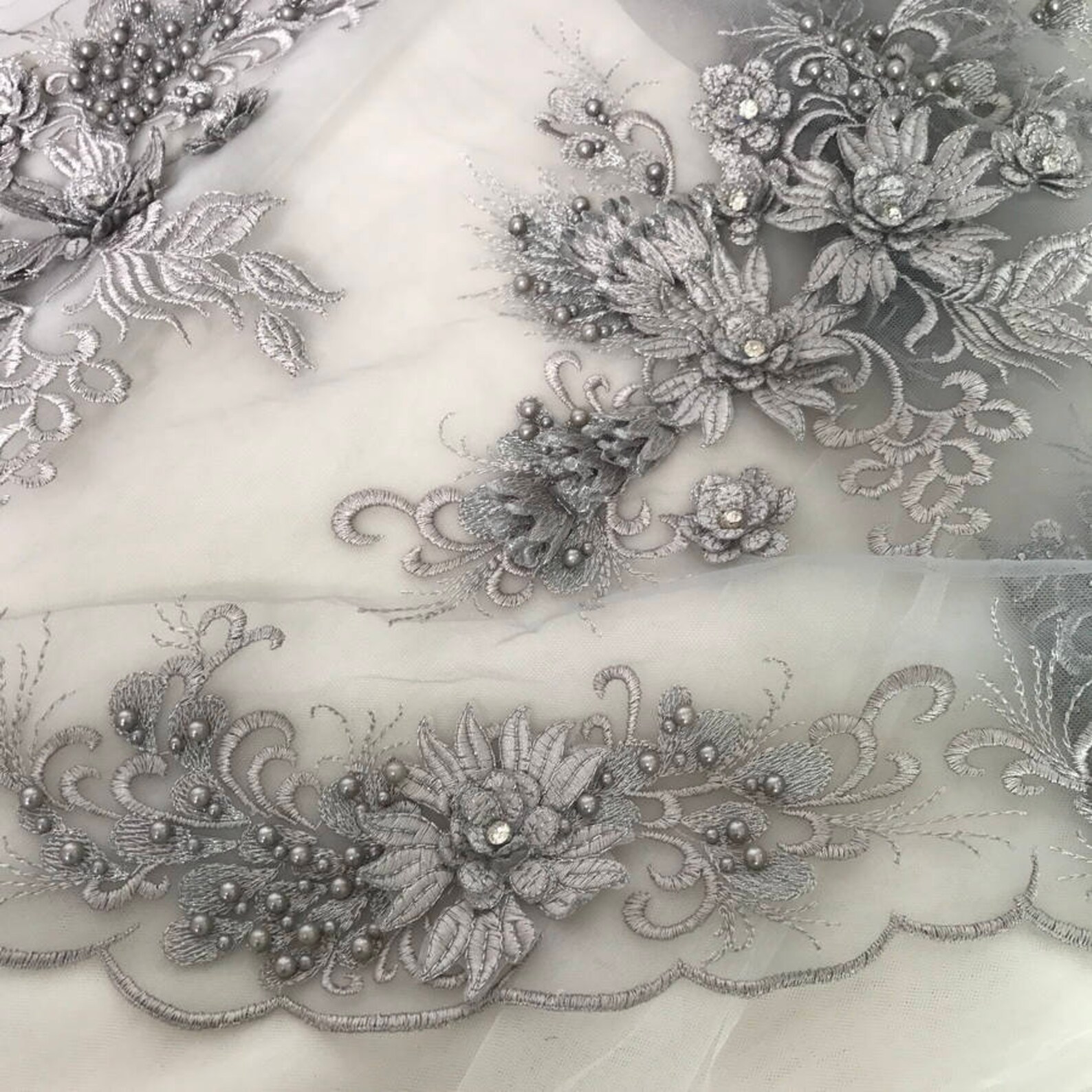 Heavy Beaded Lace Applique Fabrics with Rhinestone in Gray for Etsy