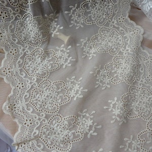 Retro Style Embroidery Floral Lace, Wide Beige Tulle Lace Trim, Ecru Cotton Lace Fabric By Yard