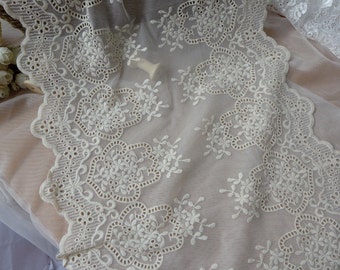 Retro Style Embroidery Floral Lace, Wide Beige Tulle Lace Trim, Ecru Cotton Lace Fabric By Yard