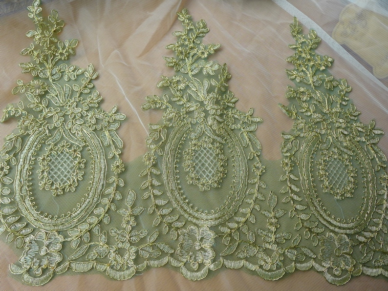 Green Mesh Lace Gold Embroidered Lace Trim for Appliqué, Sewing, Garments image 4