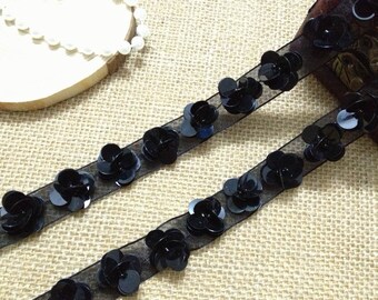Beaded Lace Trim, Black Sequins with Beads on Ribbon For Wedding Belt, Straps, Jewelry or Costumes