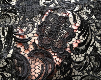 SALE Venice Embroidered Fabric in Black for Wedding Lace Bridal Dress Fabric French Guipure Lace Fabric