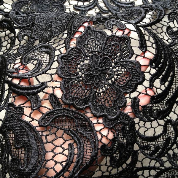 SALE Venice Embroidered Fabric in Black for Wedding Lace Bridal Dress Fabric French Guipure Lace Fabric