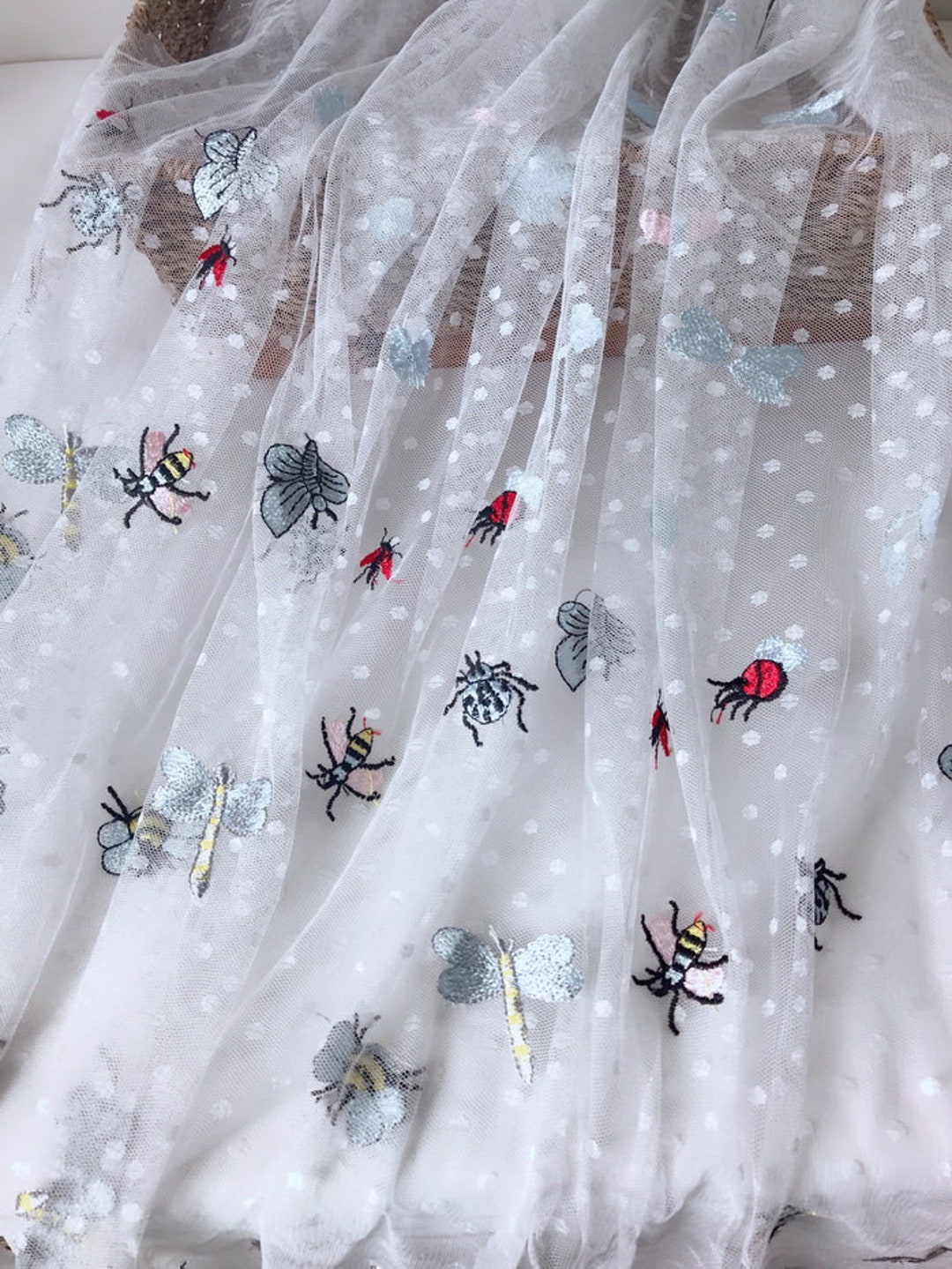 Buy Soft Polka Dot Tulle Lace Fabric Embroidered Bee Fabric for