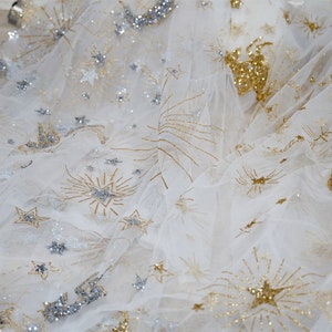 Gold Silver Glitters Stars & Moons Lace Fabric, Soft Tulle Fabric for Weddings, Ball Gowns, Veils, Costumes