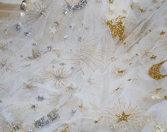 Gold Silver Glitters Stars & Moons Lace Fabric, Soft Tulle Fabric for Weddings, Ball Gowns, Veils, Costumes