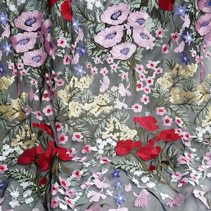 Gorgeous Colorful Floral Embroidery Lace Fabric on Black Tulle Fabric for Evening Dress, Floral Gowns, Girl Dress