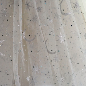Soft Off white Sequin Tulle Fabric with Silver Glitter Moon Stars for Cocktail Dress, Boho Moon Dress, Bridal Veils or Girl Skirts