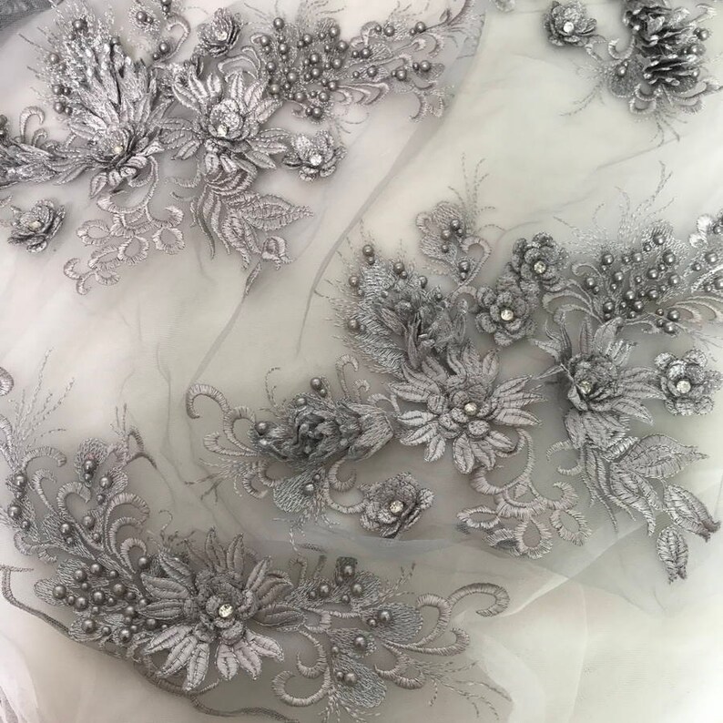 Heavy Beaded Lace Applique Fabrics With Rhinestone in Gray for Etsy