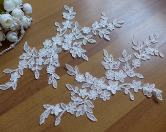 Delicate Leaf Floral Flower Applique Ivory Embroidery Alencon Applique Pair for Bridal, Dress, Veils, Apparel