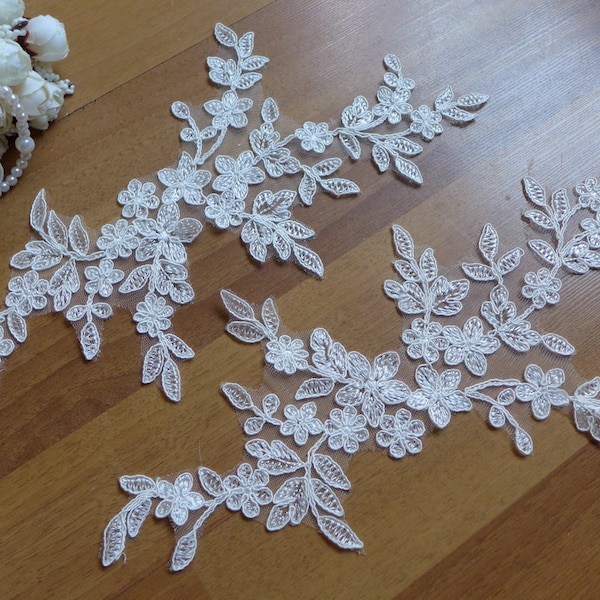 Paire d'appliques Alençon, feuille délicate, broderie ivoire, fleurs, pour mariée, robe, voiles, vêtement