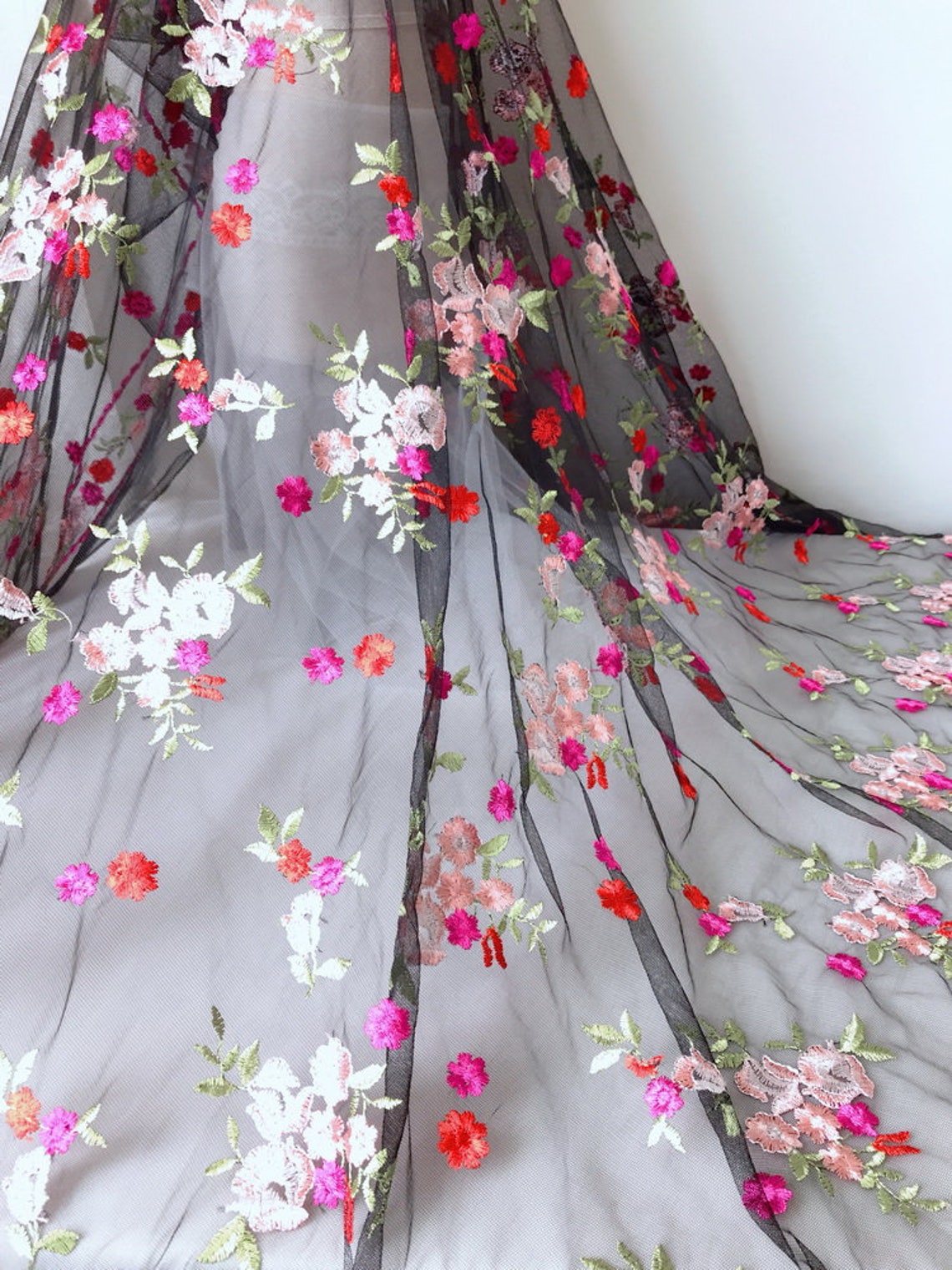 Black Tulle with Floral Applique and Embroidery Fabric