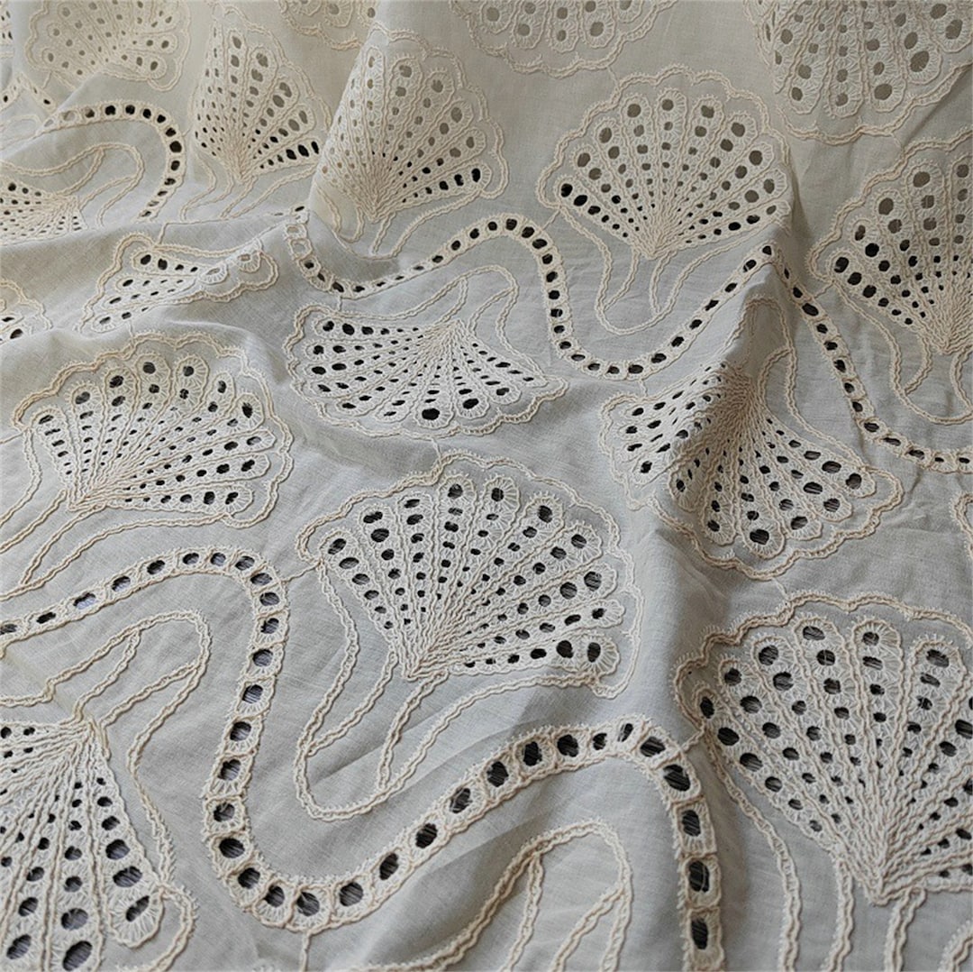 Beige Cotton Fabric, Chic Scallops Motif Lace Fabric, Ecru Corded