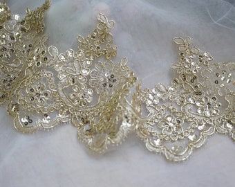 Gold Alencon Lace Sequin Cord Embroidered Scalloped Lace Trim for Garters, Wedding Veils, Lace Gloves or Costume