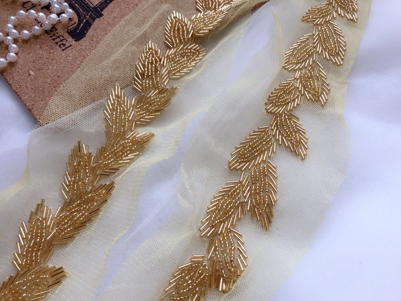 Beaded Trim Gold Beaded Leaf Applique Wedding Sash Trim for Etsy Canada