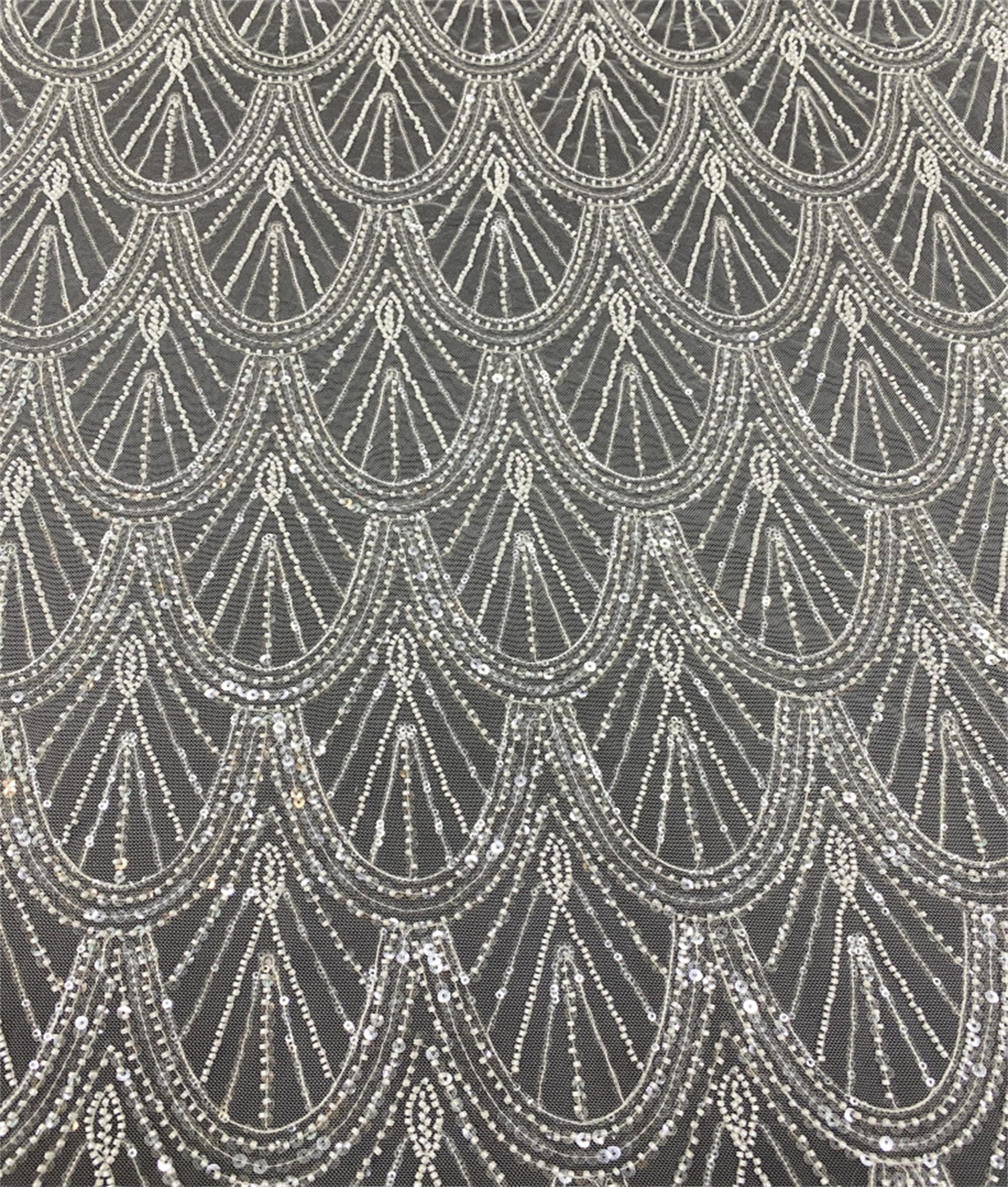 Off White Scalloped Design Beaded Embroidered Lace With