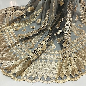 Gold Lace Fabric Embroidery Floral Lace Golden Lace BLack Mesh 59&#39;&#39; Wide for Bridal Dress Evening Gown 1 Yard