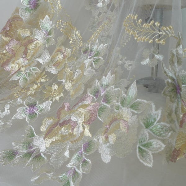 Delicate Flowers Lace, Dress Lace Fabric, Champagne Lavender & Green, Embroidered Lace Fabrics By the yard