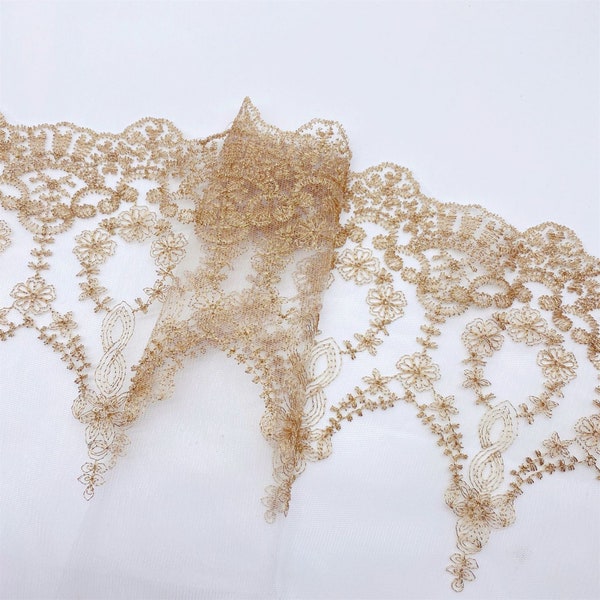 Retro Style Rose Gold Embroidered Netting Lace Trim for Wedding, Hemlines, Cuffs, DIY Curtains